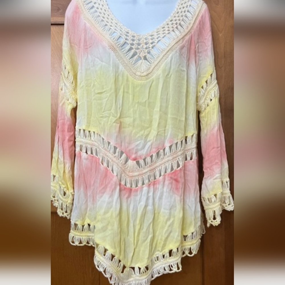 Surf Gypsy Pink and Yellow Ombre Crochet Swimsuit Coverup